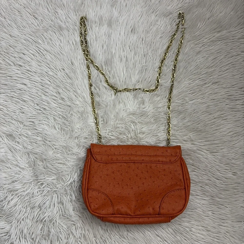 Chico's Bag Women's Orange Ostrich Textured Gold Chain Shoulder Handbag Purse